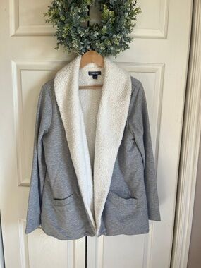 Lands' End Gray Cardigan with White Sherpa Shawl Collar